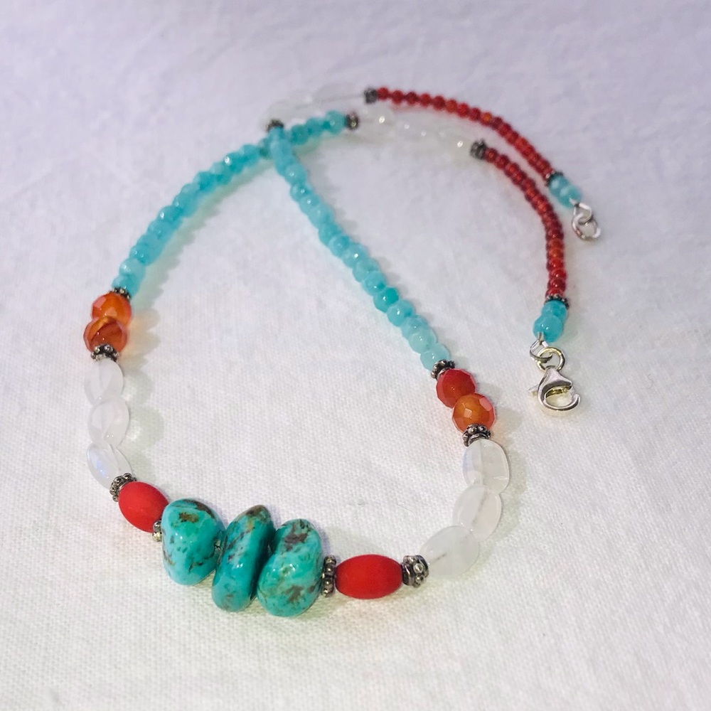 Sundance Style Necklace Turquoise, Coral, Moonstone & Carnelian Gemstones